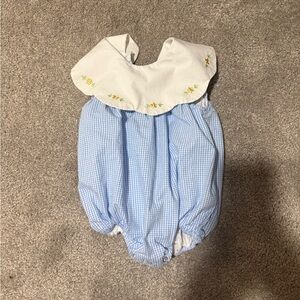 Classic Blue Gingham Baby Bubble Romper with Embroidered White Collar